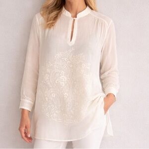 Soft Surroundings 100% Cotton Lightweight Cream Embroidered Women's Blouse